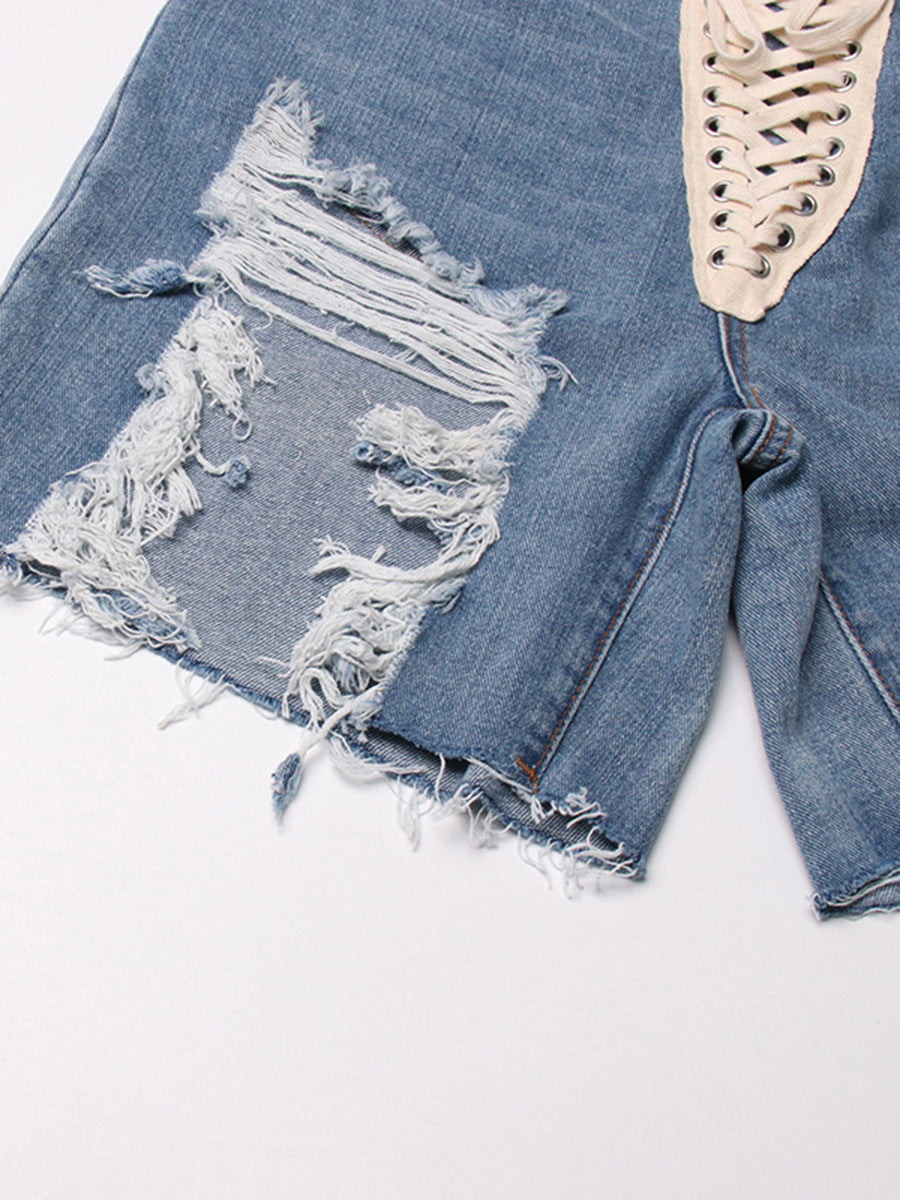 The Lace-Up Distressed Denim Mini Skirt Jeans Ice & Rose