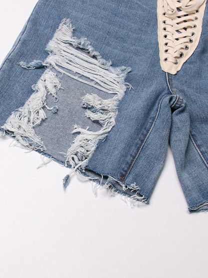 The Lace-Up Distressed Denim Mini Skirt Jeans Ice & Rose