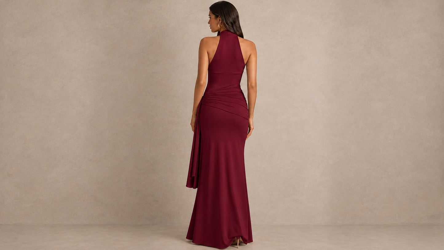 Vera Twist Halter Keyhole Maxi Dress in Wine Ice & Rose