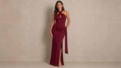 Vera Twist Halter Keyhole Maxi Dress in Wine Ice & Rose