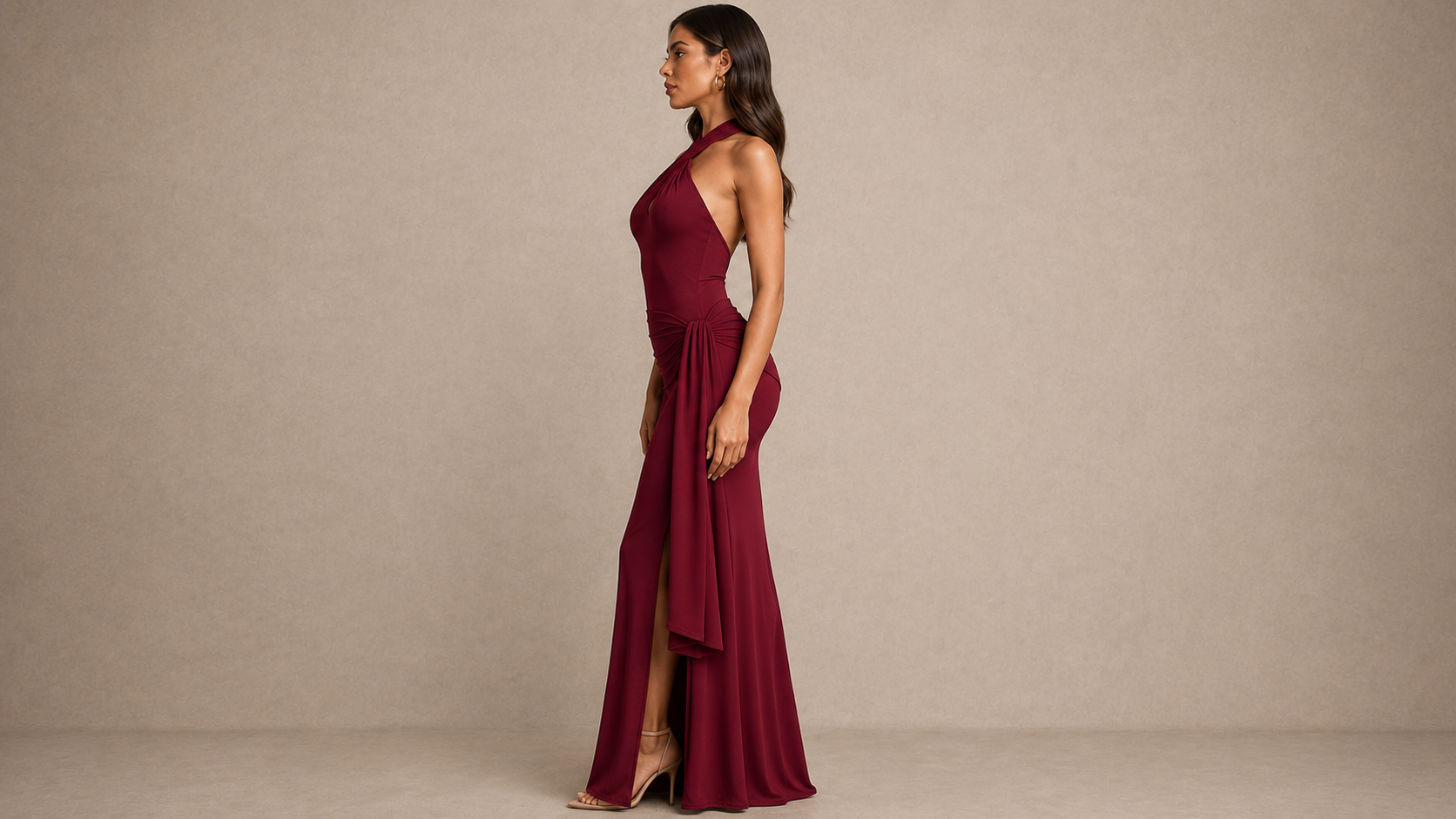 Vera Twist Halter Keyhole Maxi Dress in Wine Ice & Rose