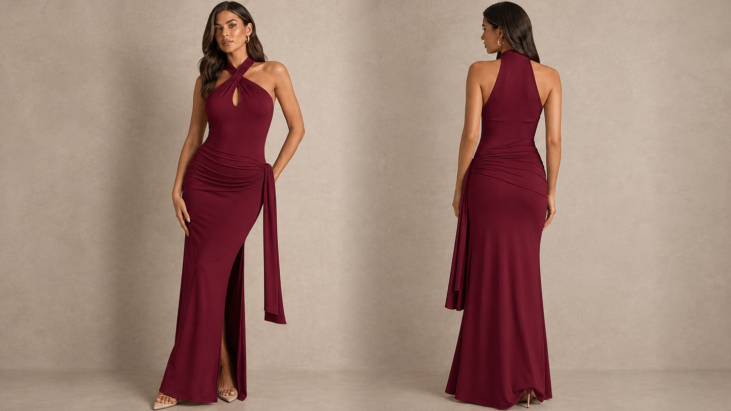 Vera Twist Halter Keyhole Maxi Dress in Wine Ice & Rose