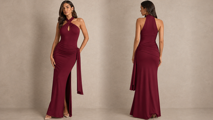 Vera Twist Halter Keyhole Maxi Dress in Wine Ice & Rose