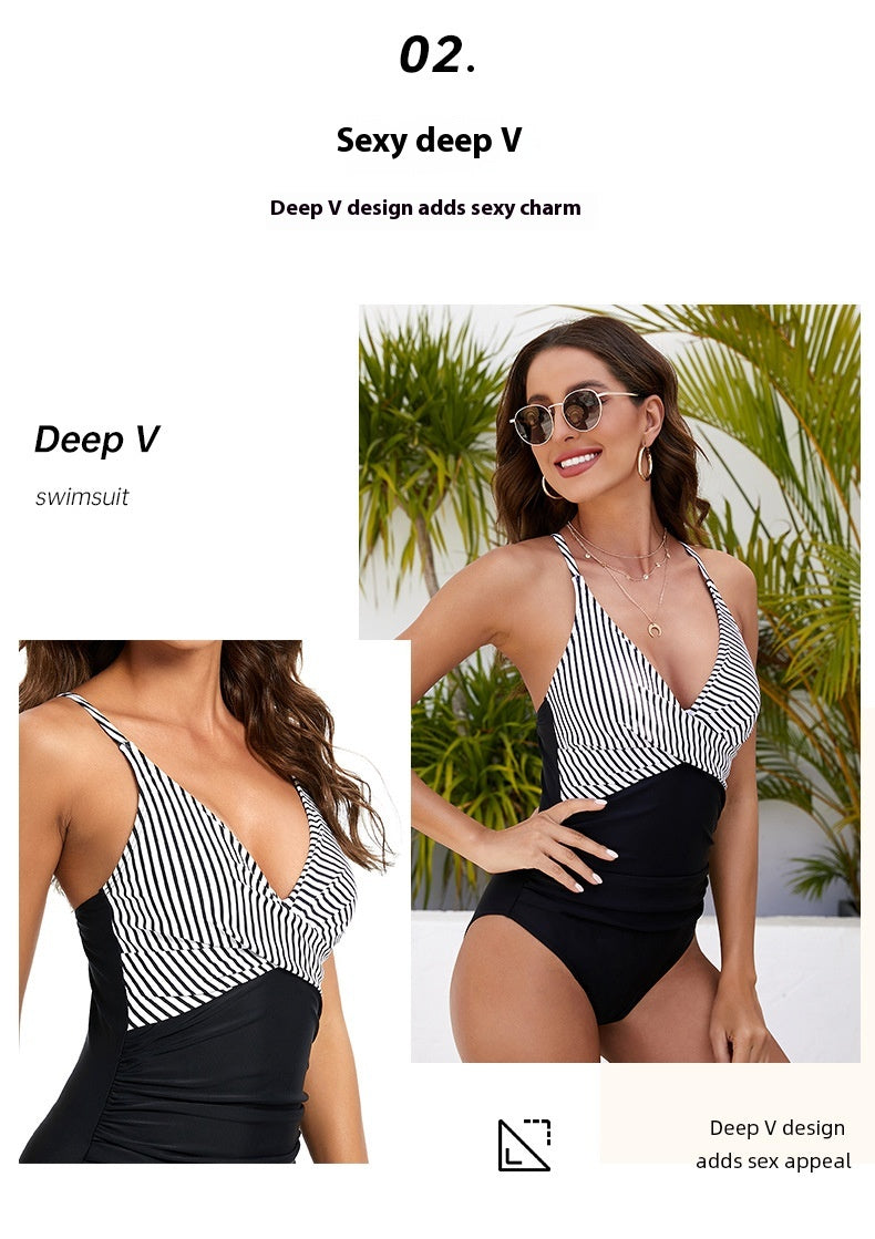 Amy Black & White Striped One-Piece Swimsuit Ice & Rose