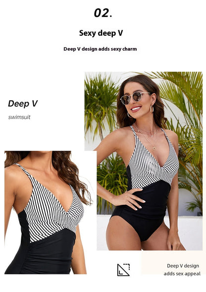 Amy Black & White Striped One-Piece Swimsuit Ice & Rose