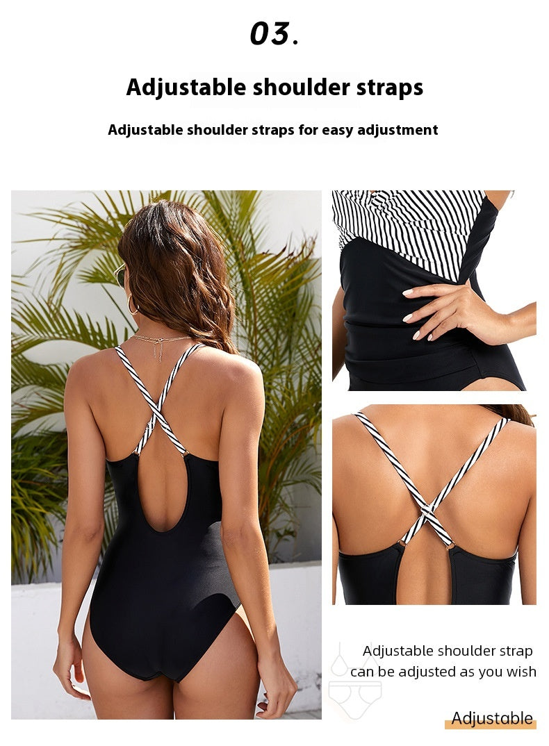 Amy Black & White Striped One-Piece Swimsuit Ice & Rose