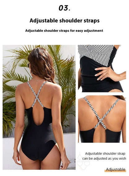 Amy Black & White Striped One-Piece Swimsuit Ice & Rose