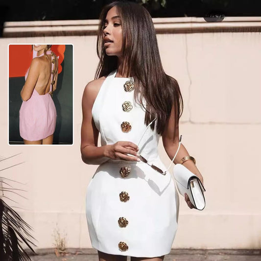 Low Back Mini Dresses with Gold Buttons - Cocktail Party Dress - Dresses - Ice & Rose