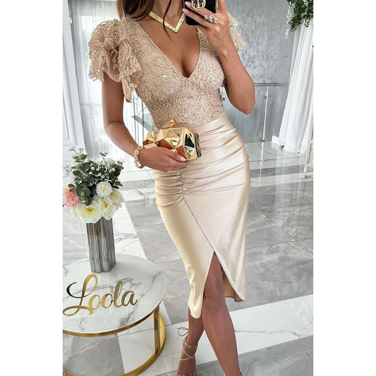 Luxury Lace And Ruffle Sleeve Ruched Midi Dress with Satin - Dresses - Ice & Rose