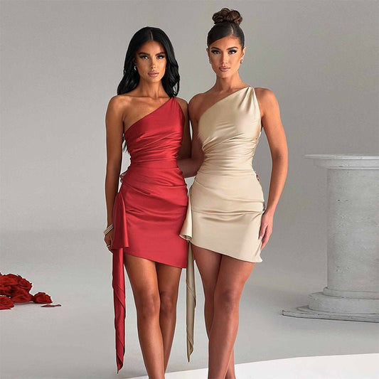 One - shoulder Sleeveless Mini Dress Sexy Slim Backless Party Wedding Dresses - Dresses - Ice & Rose