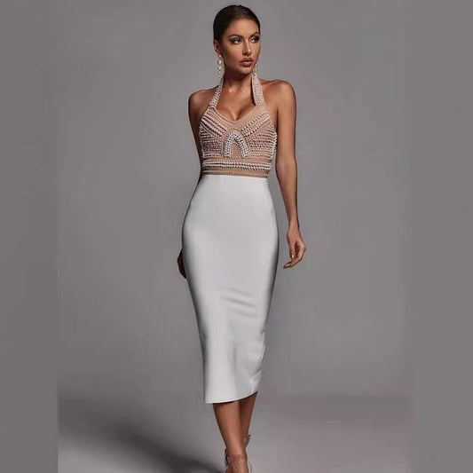 Pearl Halter Bandage Dress - Beige White - Dresses - Ice & Rose