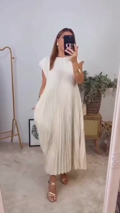 Short Sleeve Pleated Long Dress 