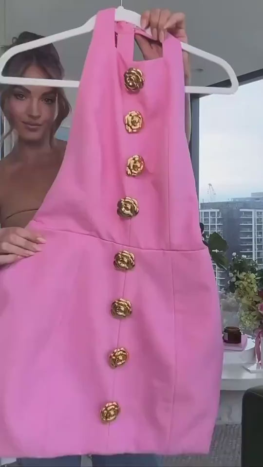 Sweet Sleeveless Backless Dress With Gold Rose Button Design Summer Street Fashion Dresses Womens Clothing