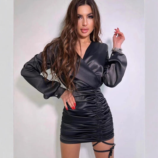 V Neck Long Sleeves High Waist Ruched Dress - Dresses - Ice & Rose