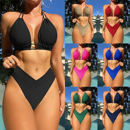 Halter Bikini Women Mid Waist Deep V Neck Swimsuit Push Up Swimwear - Swimwear-Ice & Rose